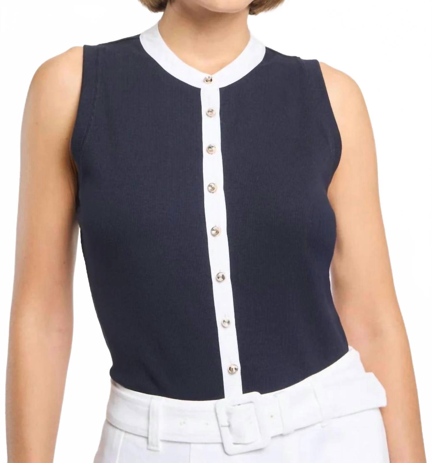 New Cinq A Sept Beverly Sleeveless Knit Top In Navy And White